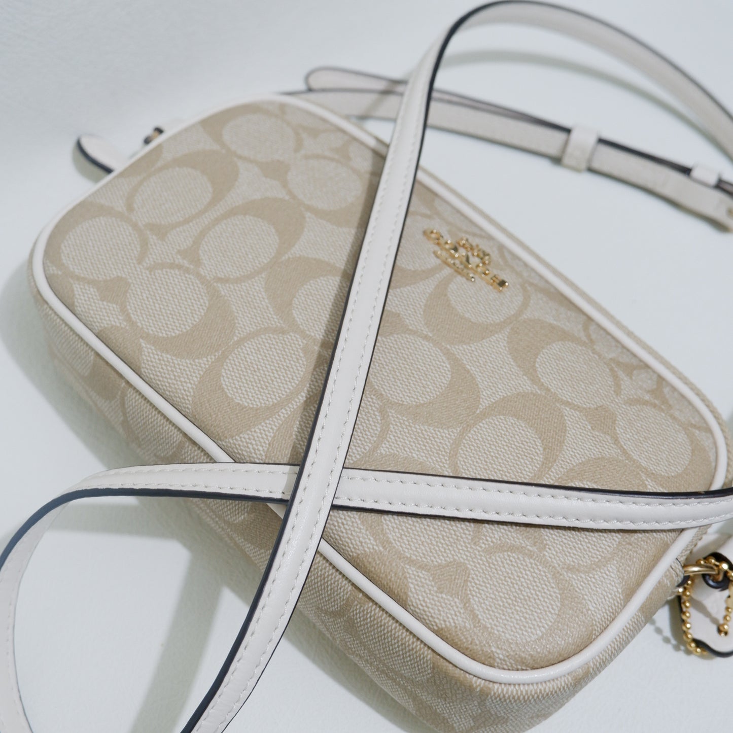 Double Zip Crossbody Pouch in Light Khaki Chalk Signature Canvas