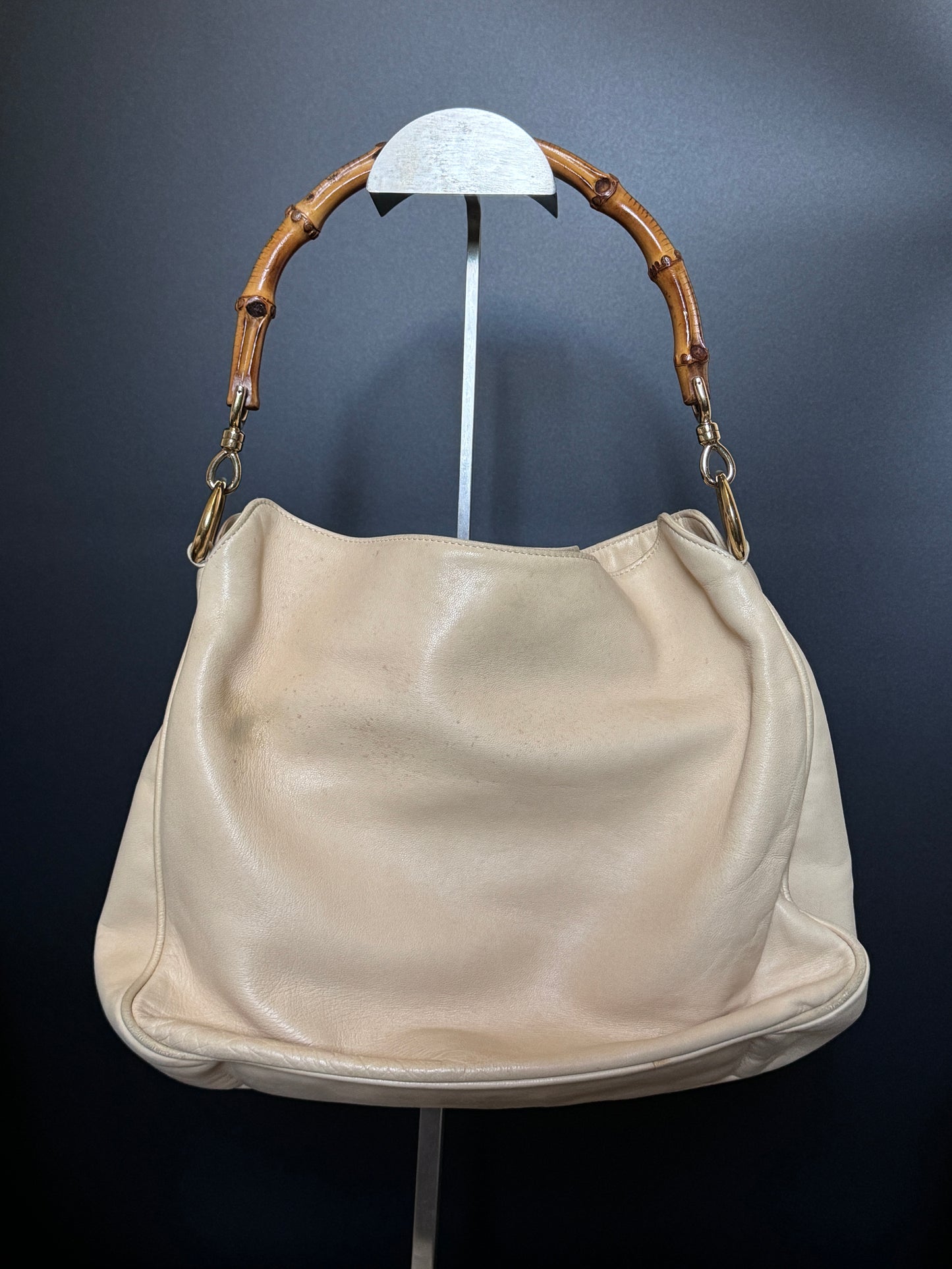 Cream Buttery Soft Leather Bamboo Top Handle Bag
