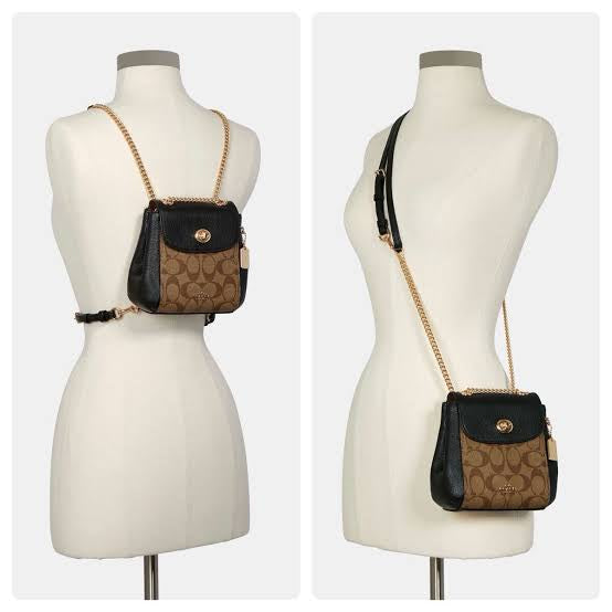 Convertible Mini Backpack in Black and Khaki Signature Canvas