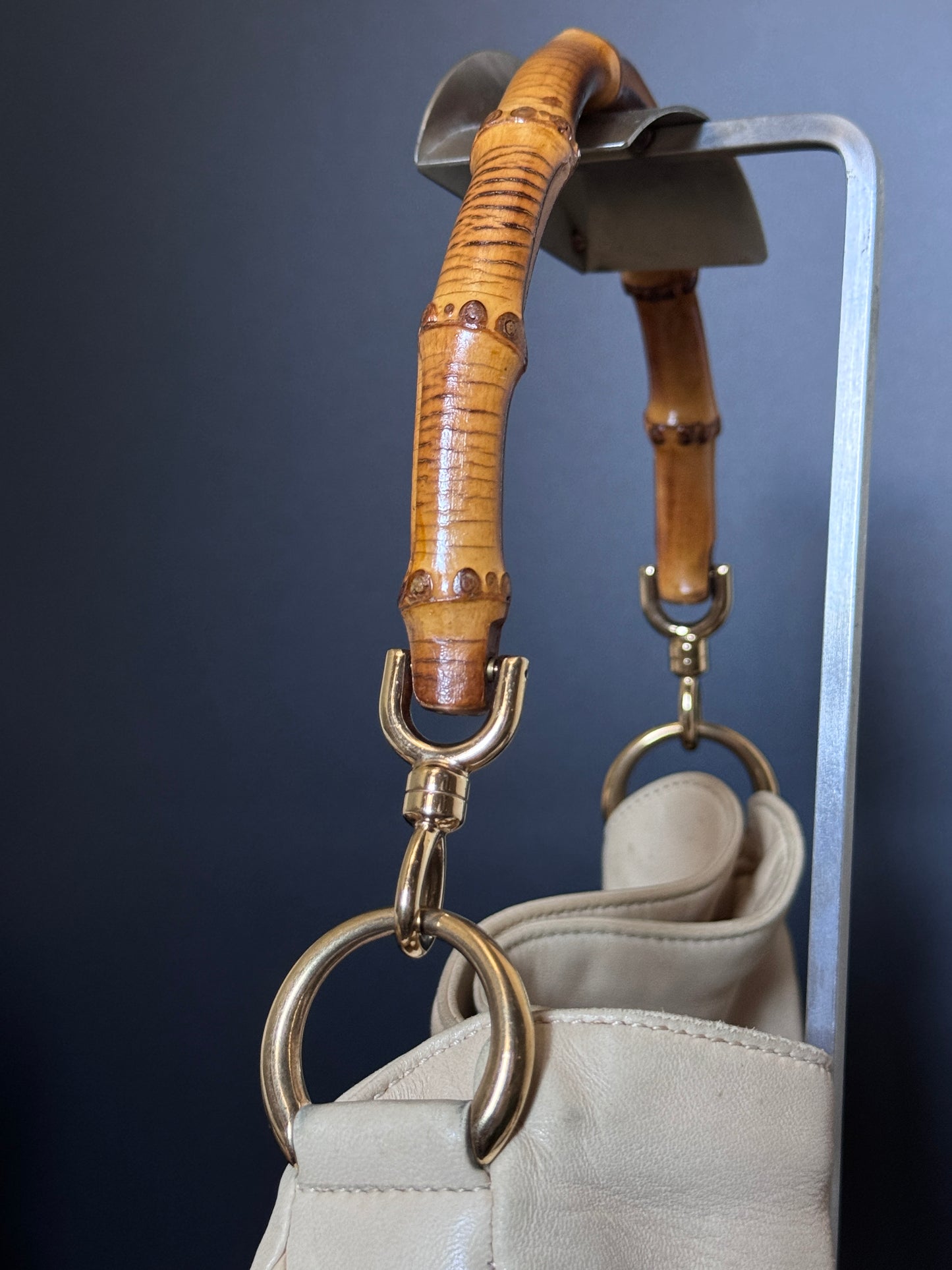 Cream Buttery Soft Leather Bamboo Top Handle Bag