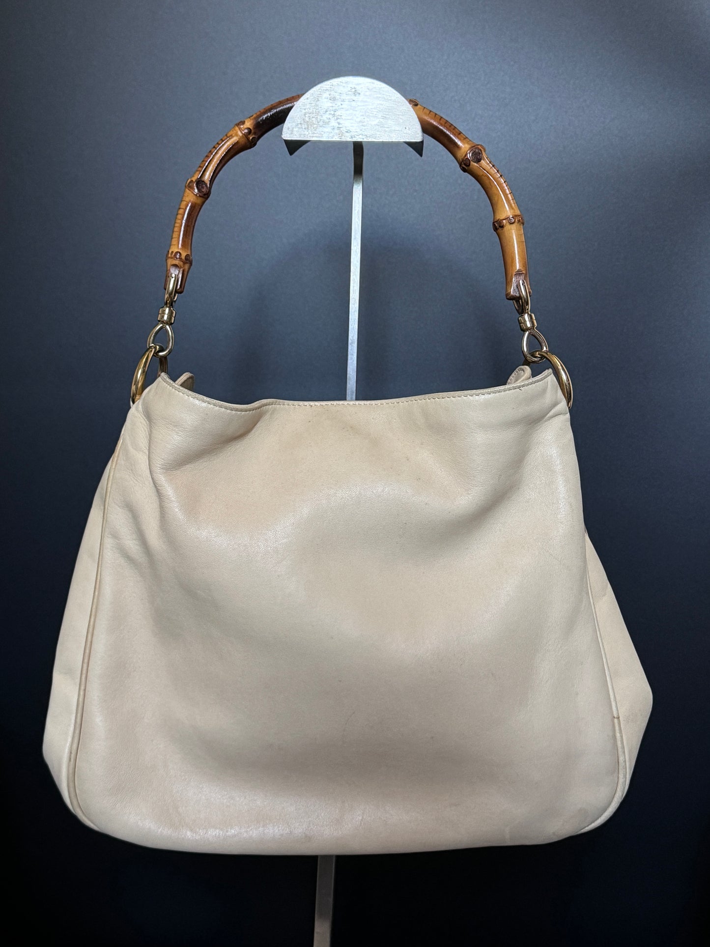 Cream Buttery Soft Leather Bamboo Top Handle Bag