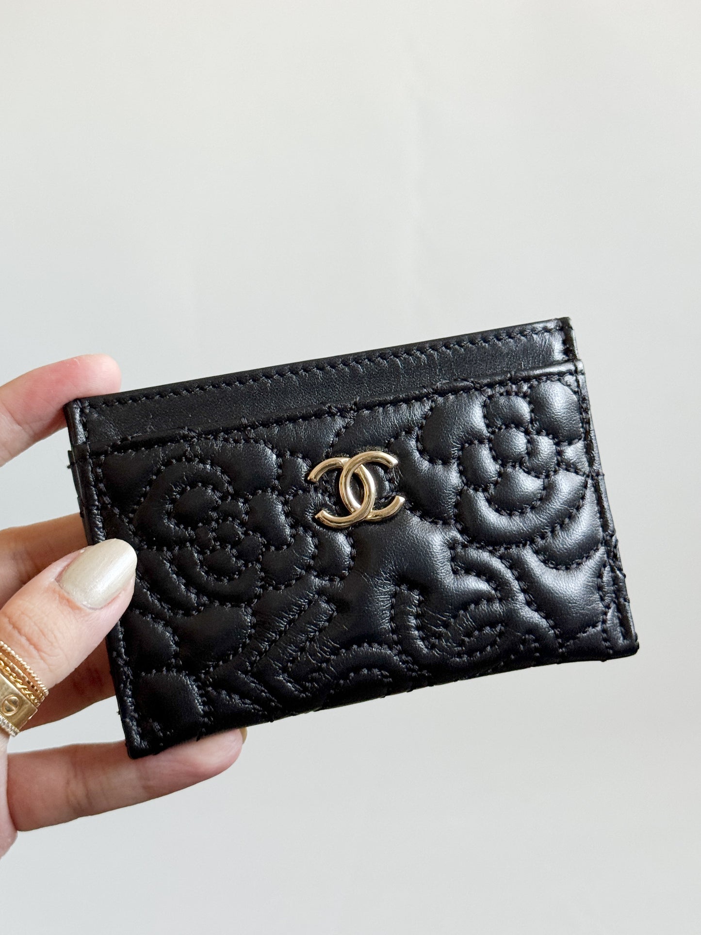 Camellia Black Lambskin Leather Light Gold Hardware Card Case Series 26