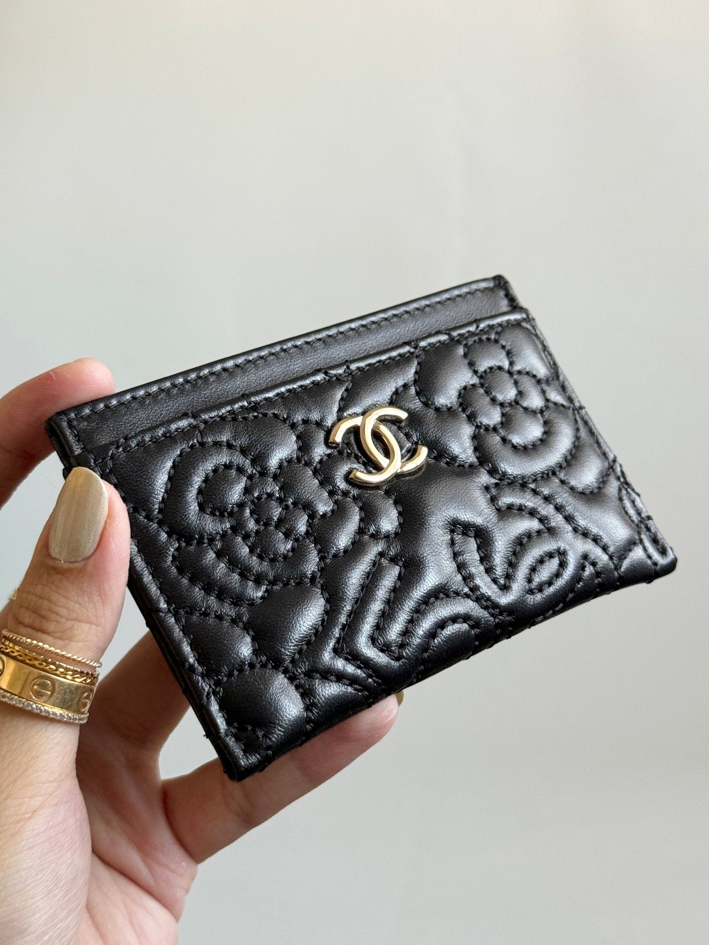 Camellia Black Lambskin Leather Light Gold Hardware Card Case Series 26