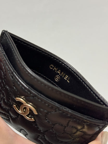 Camellia Black Lambskin Leather Light Gold Hardware Card Case Series 26