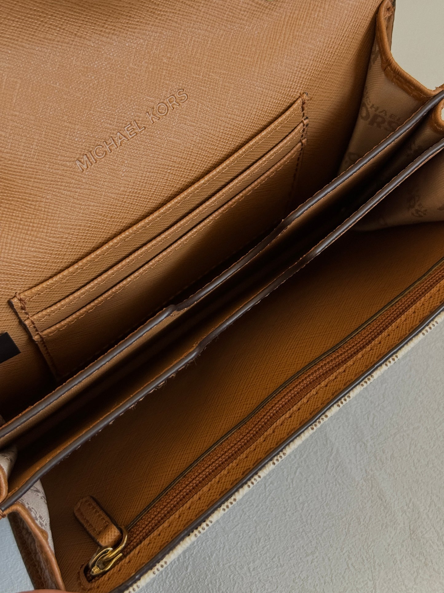 Tan and Off White Wallet on Gold Chain Crossbody Bag