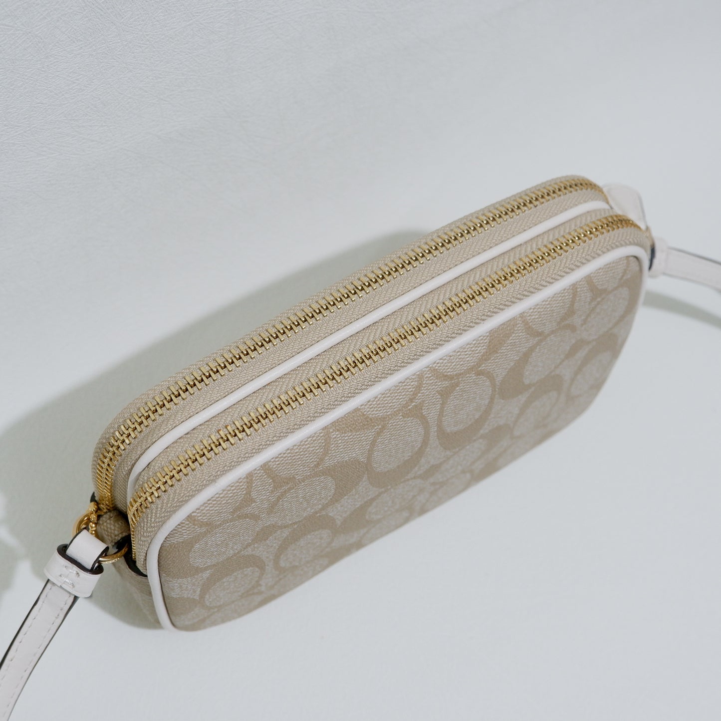 Double Zip Crossbody Pouch in Light Khaki Chalk Signature Canvas