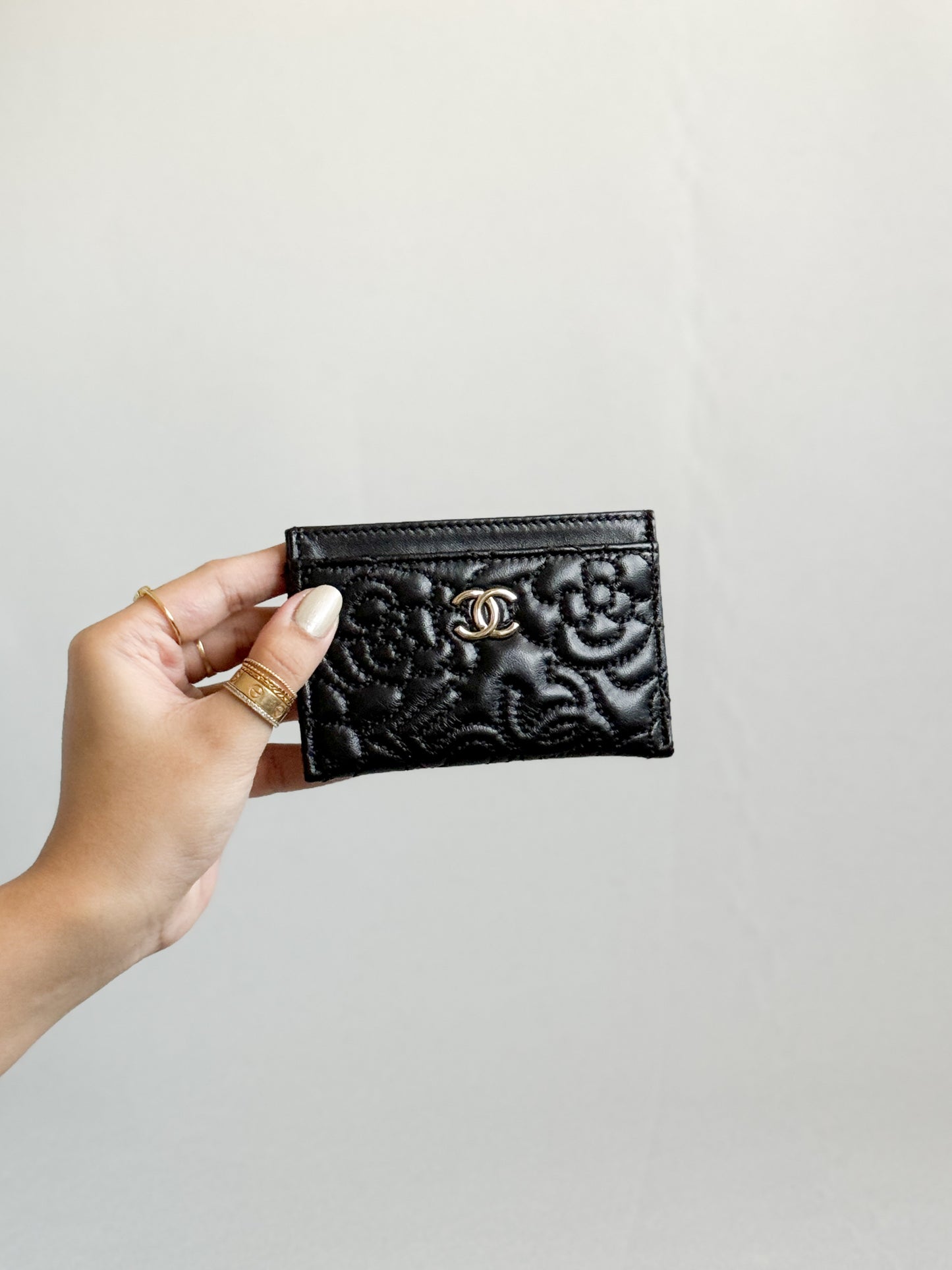 Camellia Black Lambskin Leather Light Gold Hardware Card Case Series 26