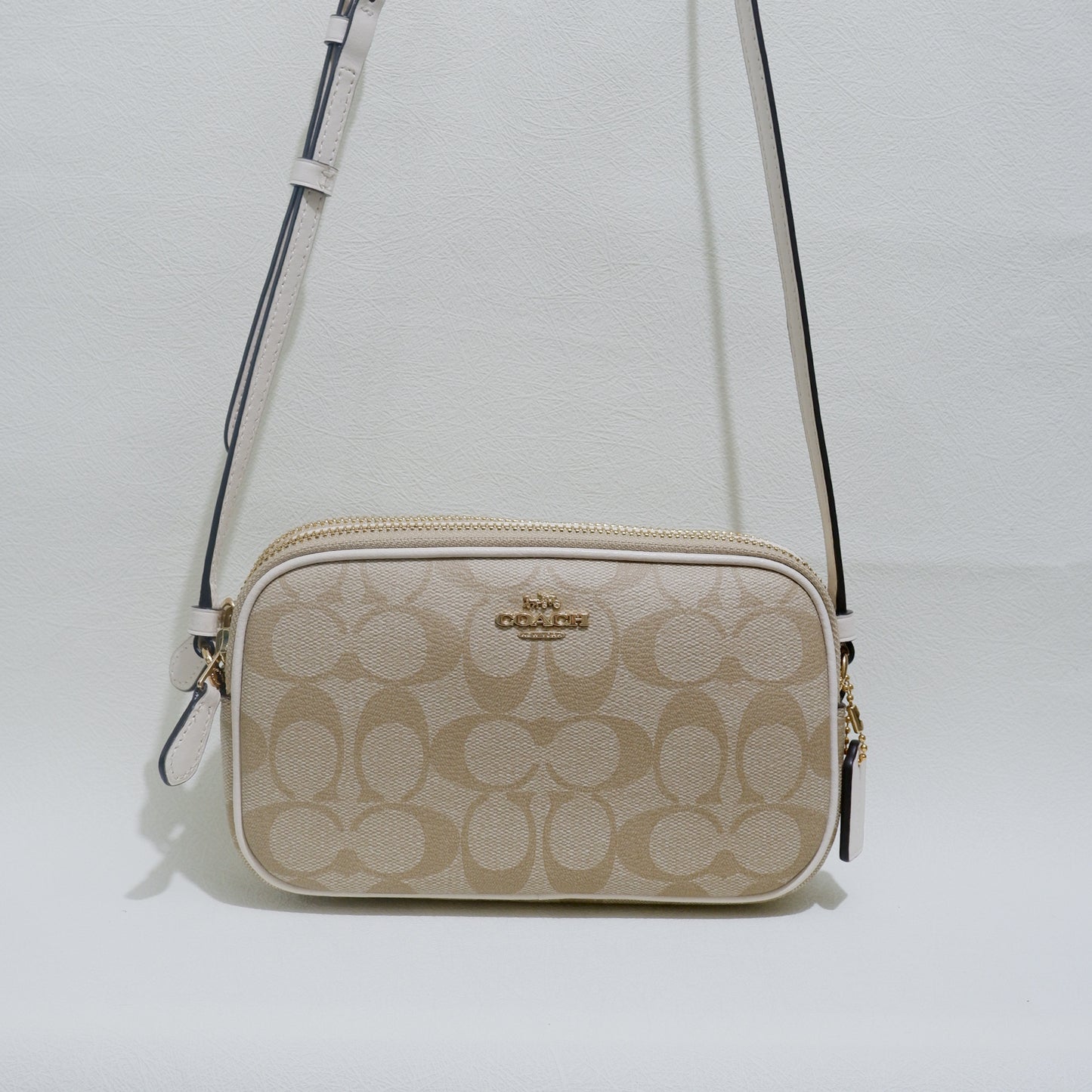 Double Zip Crossbody Pouch in Light Khaki Chalk Signature Canvas