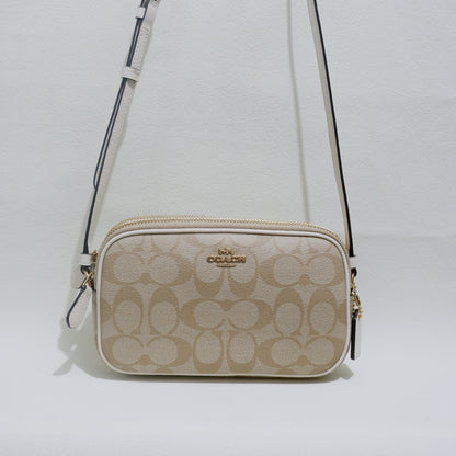Double Zip Crossbody Pouch in Light Khaki Chalk Signature Canvas