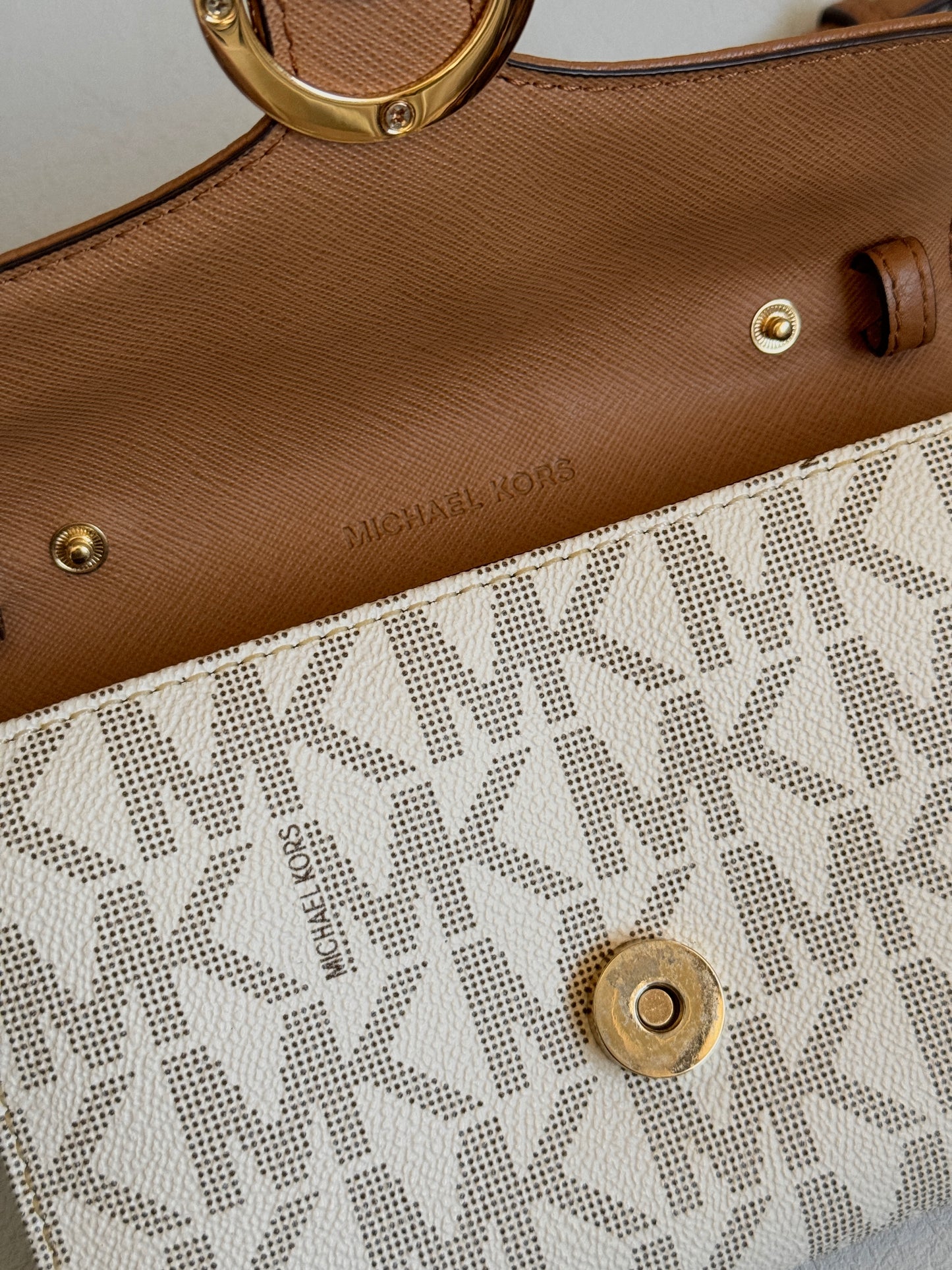 Tan and Off White Wallet on Gold Chain Crossbody Bag