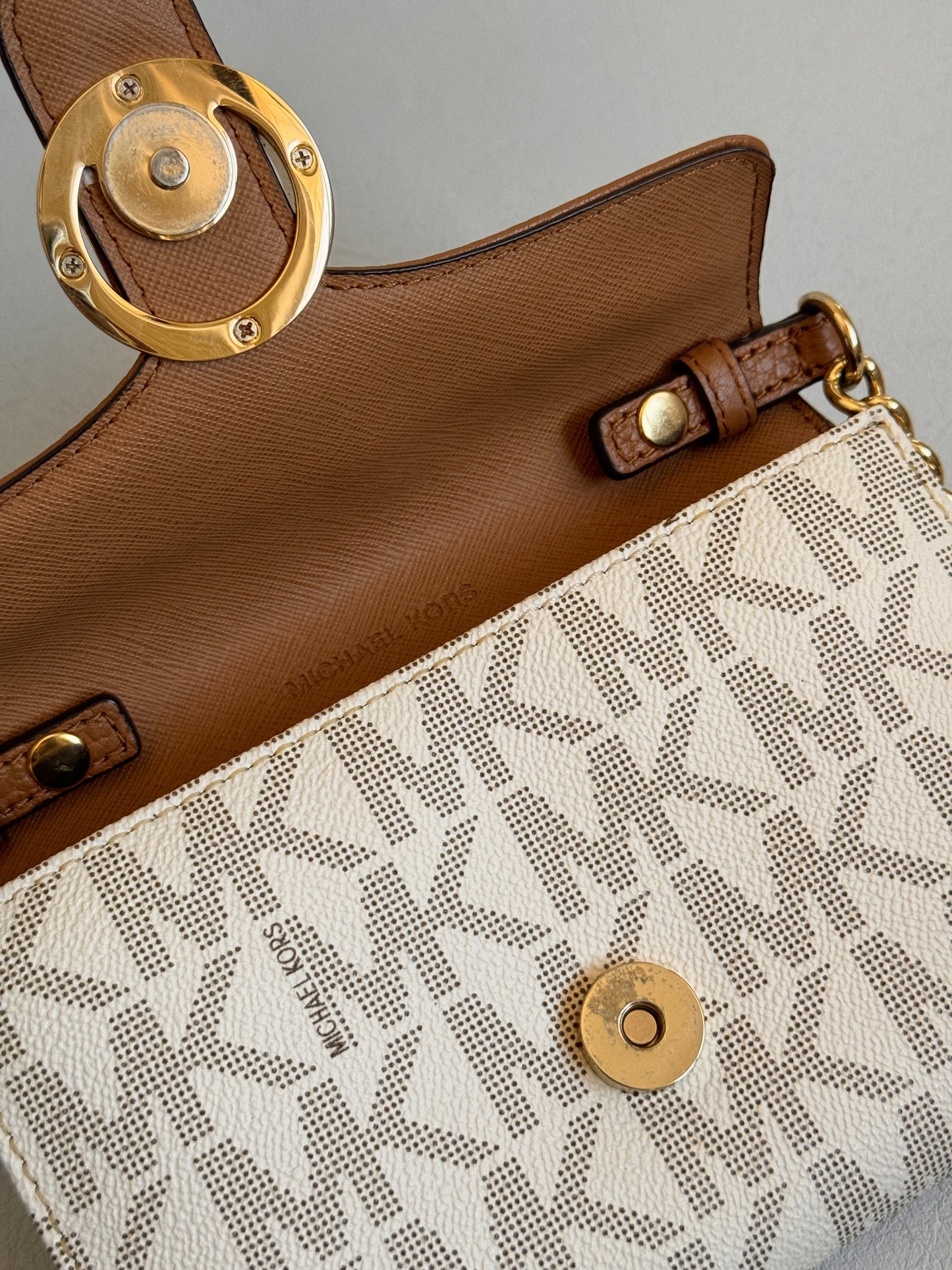 Tan and Off White Wallet on Gold Chain Crossbody Bag
