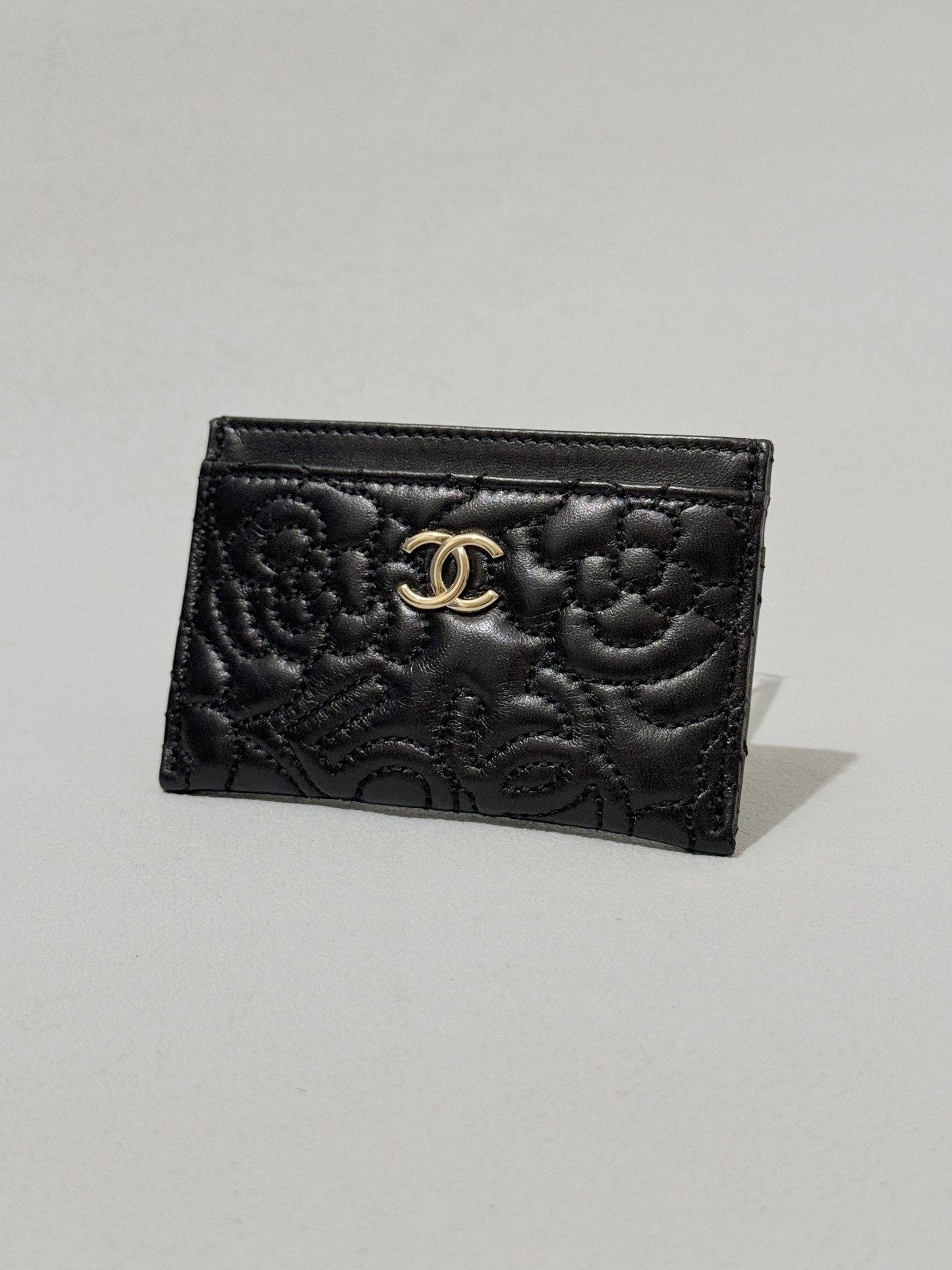 Camellia Black Lambskin Leather Light Gold Hardware Card Case Series 26
