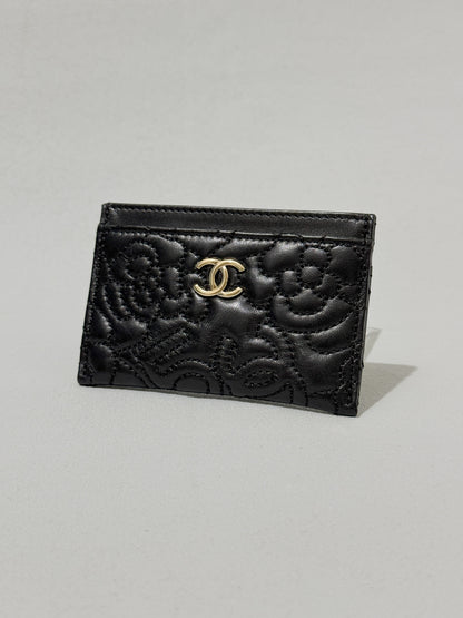 Camellia Black Lambskin Leather Light Gold Hardware Card Case Series 26
