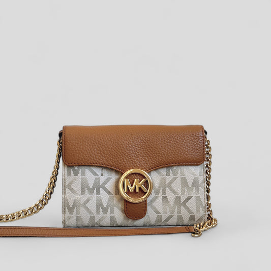Tan and Off White Wallet on Gold Chain Crossbody Bag