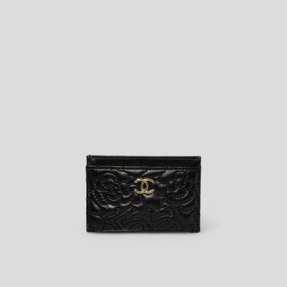Camellia Black Lambskin Leather Light Gold Hardware Card Case Series 26