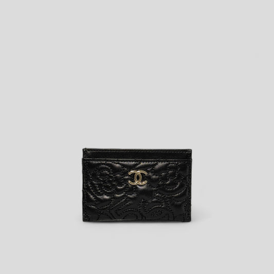 Camellia Black Lambskin Leather Light Gold Hardware Card Case Series 26