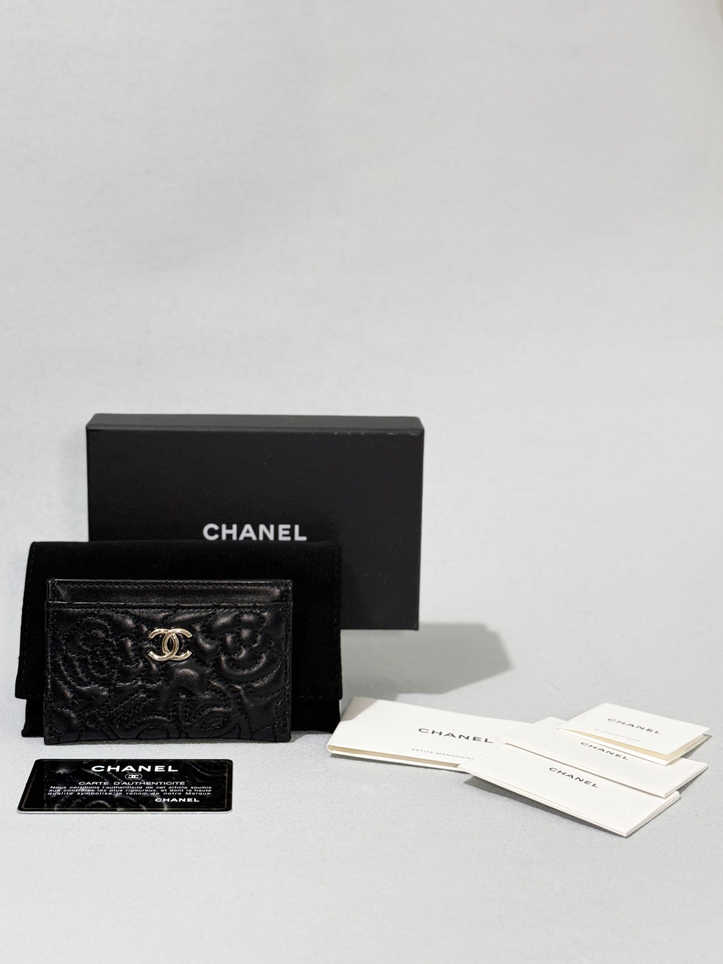 Camellia Black Lambskin Leather Light Gold Hardware Card Case Series 26