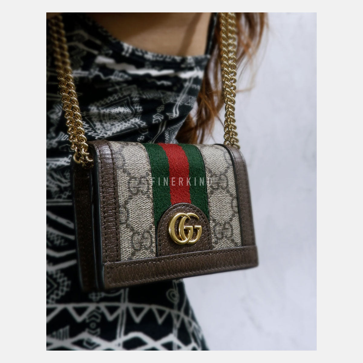 Ophidia GG Sherry Line Leather Compact Wallet on Chain