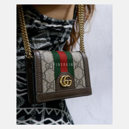 Ophidia GG Sherry Line Leather Compact Wallet on Chain