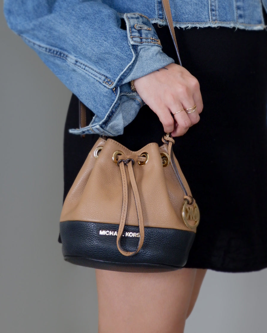 Color Block Tan and Black Mini Bucket Bag